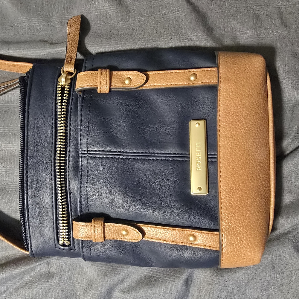 Rosetti Blue and Tan Crossbody Bag with Elegant Gold Accents